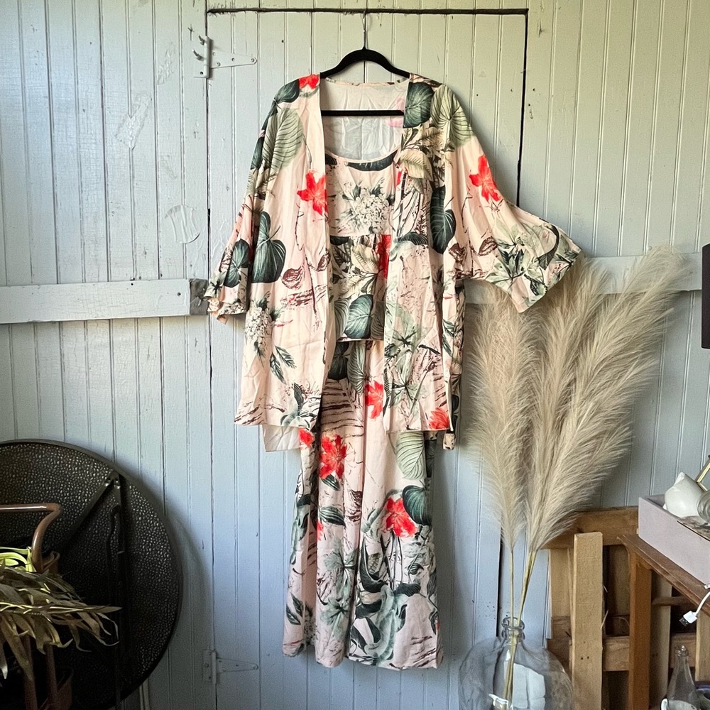 floral 3 piece leisure set, peplum top, pants w elastic waist, & kimono robe
